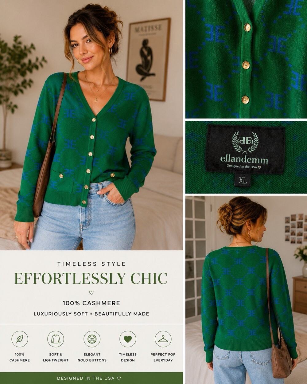 Ell And Emm Green Blue Logo Textured Knit Cardigan Button Preppy Old Money XL